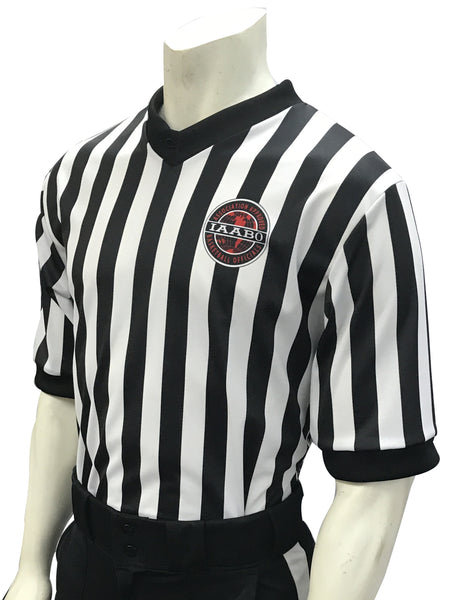 IAABO Logo, MSBOA Logo on Right Sleeve, 1" Black and White Stripe Basketball Shirt