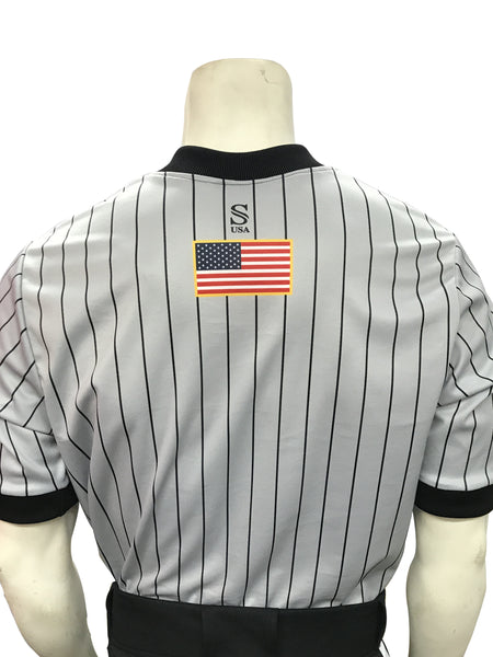 IAABO Logo, Grey Basketball Shirt Black Pinstripes