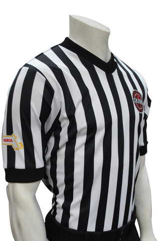 IAABO Logo, MSBOA Logo on Right Sleeve, 1" Black and White Stripe Body Flex Basketball Shirt